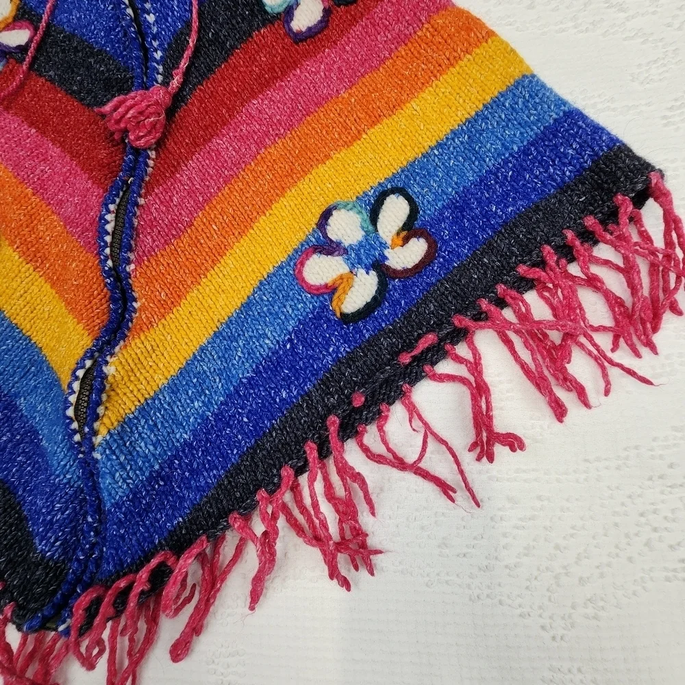West Of The Moon Kids 100% Wool Colorful Full Zip Hooded Poncho Shawl - Picture 8 of 8